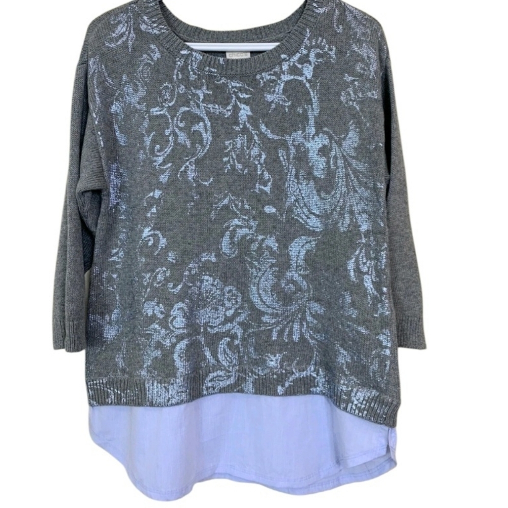 NEW! CHICO'S Mettalic Foil Print Sweater Shirt 3/4 Sleeves 1=M/8.